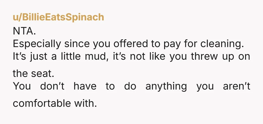 u/BillieEatsSpinach NTA. Especially since you offered to pay for cleaning. It’s just a little mud, it’s not like you threw up on the seat. You don’t have to do anything...
