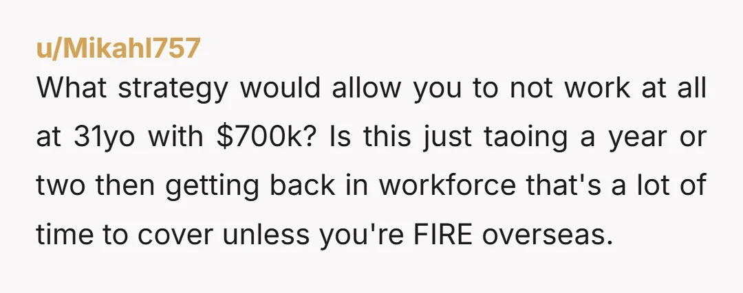 u/Mikahl757 What strategy would allow you to not work at all at 31yo with $700k? Is this just taoing a year or two then getting back in workforce that's a...
