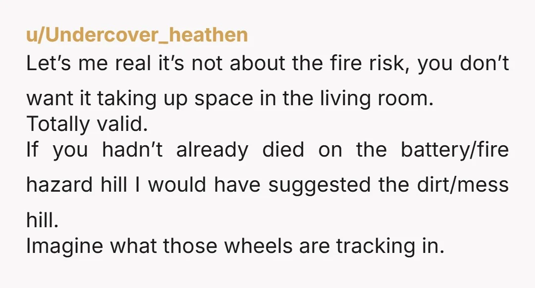 u/Brilliant_Two1095 NTA. Adult bikes of any sort (manual or e) don't belong in indoor shared spaces. This isn't about personalizing the space with your own furniture and decor. A bike...