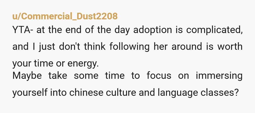 u/Commercial_Dust2208 YTA- at the end of the day adoption is complicated, and I just don't think following her around is worth your time or energy. Maybe take some time to...