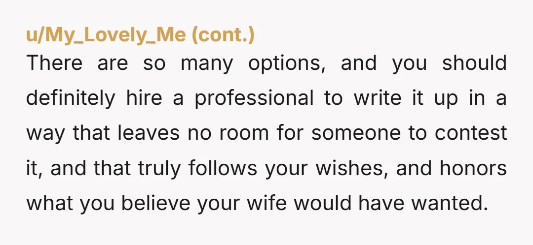 u/Total-Object-4766 NTA Your wife's sisters are not entitled to your assets. Your wife trusted you explicitly to make the right decisions. By giving the bakery to your daughter in law,...