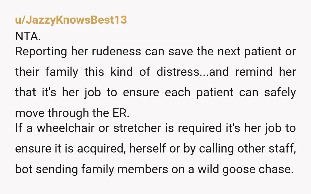 u/thehappiesttroll
NTA If she has the time to scold you, she also has the time to grab a wheelchair