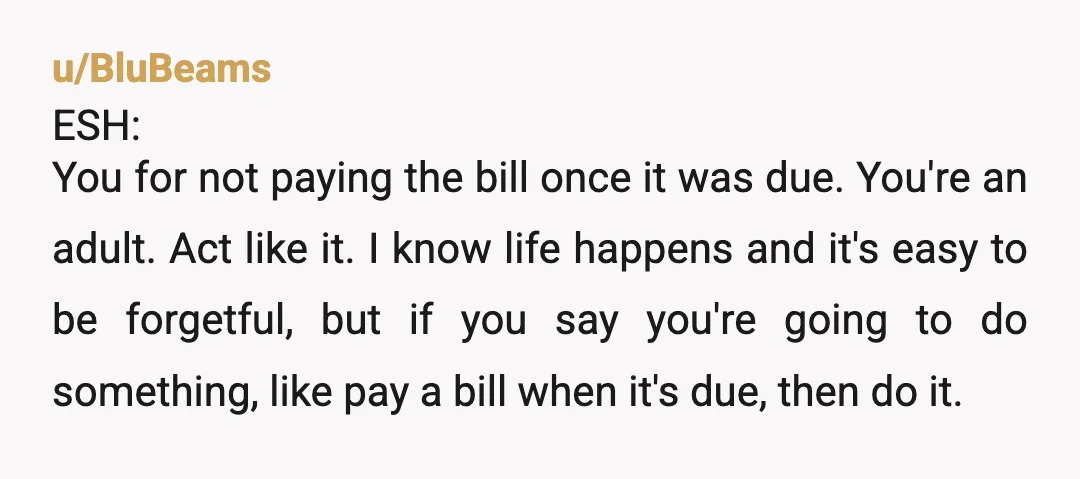 u/BluBeams ESH: You for not paying the bill once it was due. You're an adult. Act like it. I know life happens and it's easy to be forgetful, but if...