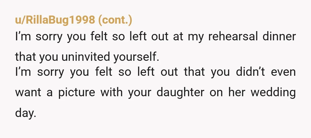 u/HelpfulAssumption277
Your mother is exhausting.
The wedding wasn’t supposed to be about her.
It was YOUR day.
NTA.
Grey rock her and anyone in her side.