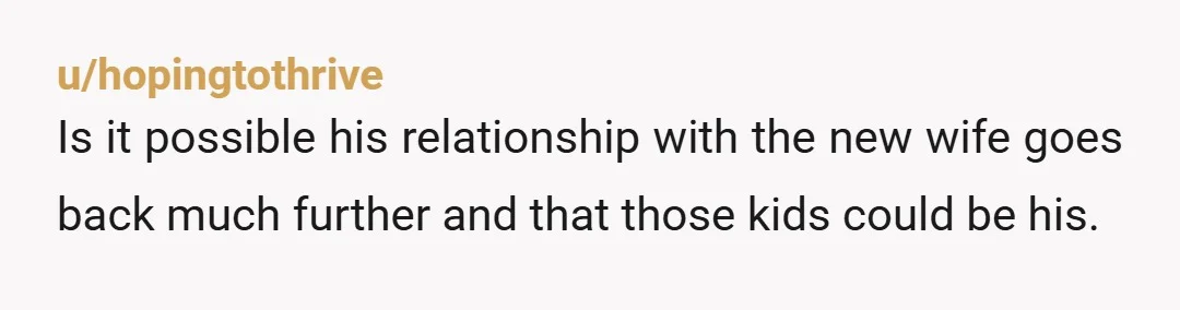 u/hopingtothrive
Is it possible his relationship with the new wife goes back much further and that those kids could be his.