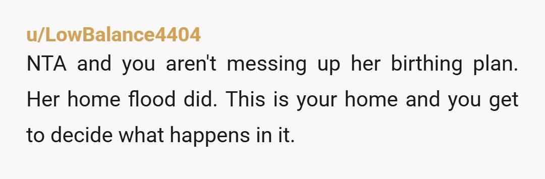 u/sun_and_stars8 NTA she can make the decision to do a homebirth when the location is in her home but she doesn’t get to make that decision about someone elses home....