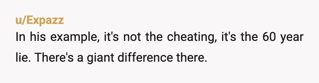 u/Expazz
In his example, it's not the cheating, it's the 60 year lie. There's a giant difference there.