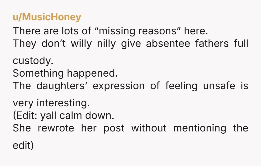 u/der_innkeeper INFO: How is dad able to make a case for full custody, at all? Too much missing info, and this smells bad.