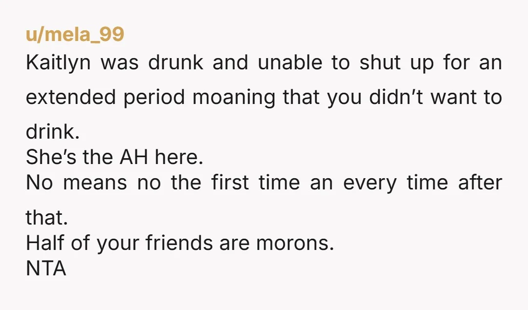 u/StarsInTheHed NTA. Unproductive take: She was being a really s*** guest, and not a good partyer at all. A little shaming is fine. Productive (hopefully) take: She didn't drive four...
