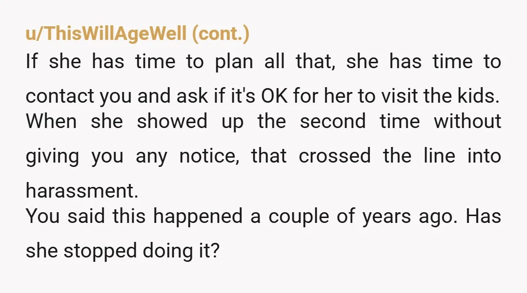 u/HelenAngel
NTA
Block her.
Also inform the police that she’s stalking you.
She will continue to cause you problems until you set boundaries & consequences of no contact.