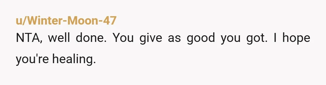 u/Winter-Moon-47
NTA, well done. You give as good you got. I hope you're healing.