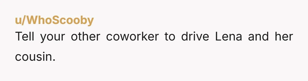 u/WhoScooby
Tell your other coworker to drive Lena and her cousin.