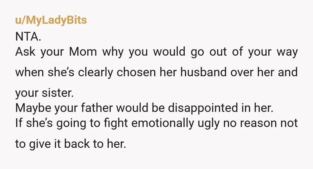 u/lsp2005 She could have just taken you and your sister to the restaurant and then to visit your father’s grave. It would have been a nice thing for you. Instead,...