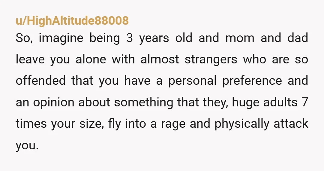 u/HighAltitude88008 So, imagine being 3 years old and mom and dad leave you alone with almost strangers who are so offended that you have a personal preference and an opinion...