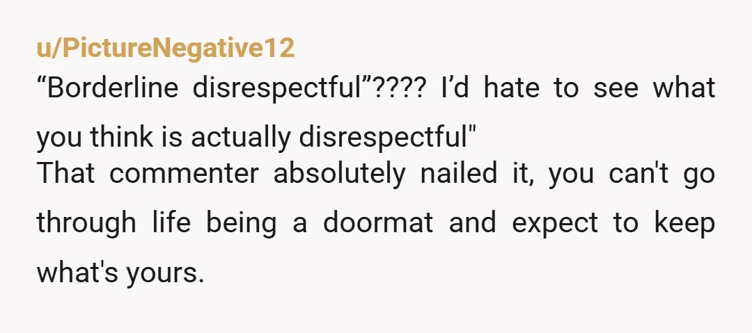 u/PictureNegative12 “Borderline disrespectful”???? I’d hate to see what you think is actually disrespectful" That commenter absolutely nailed it, you can't go through life being a doormat and expect to keep...
