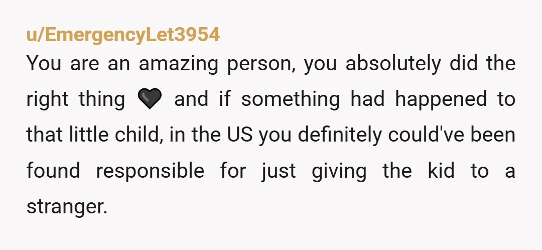 u/Inner-Confidence99 You protected the child from someone you did not know and she seemed to not know. I would appreciate a babysitter taking Time to verify who the person was...