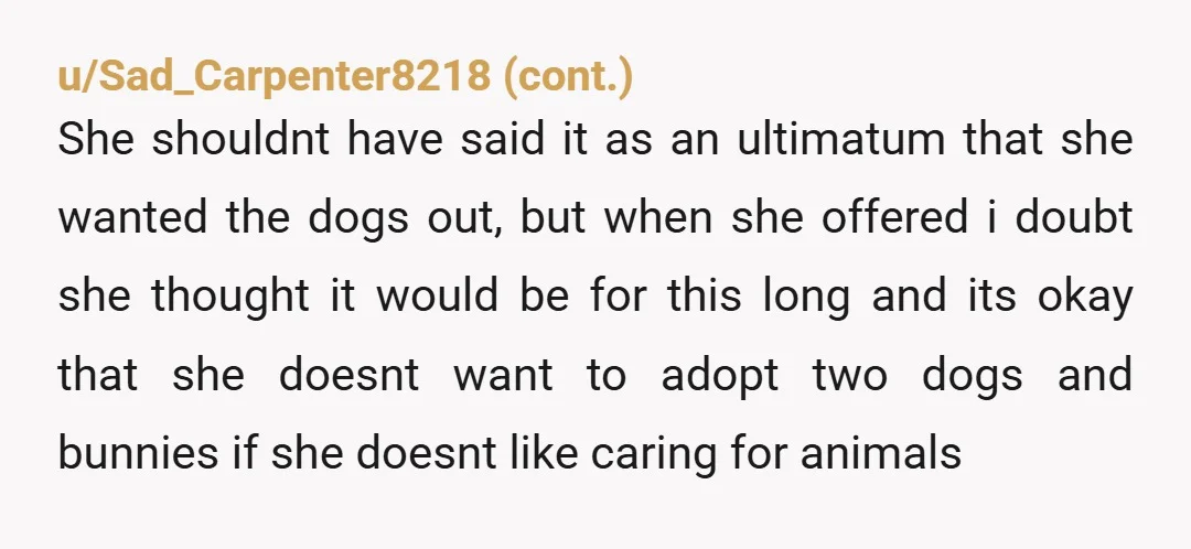 u/MaxFuryToad YTA She kindly offered to keep your pets for a few days and it's been many months this hasn't been working for her yet you still find the audacity...