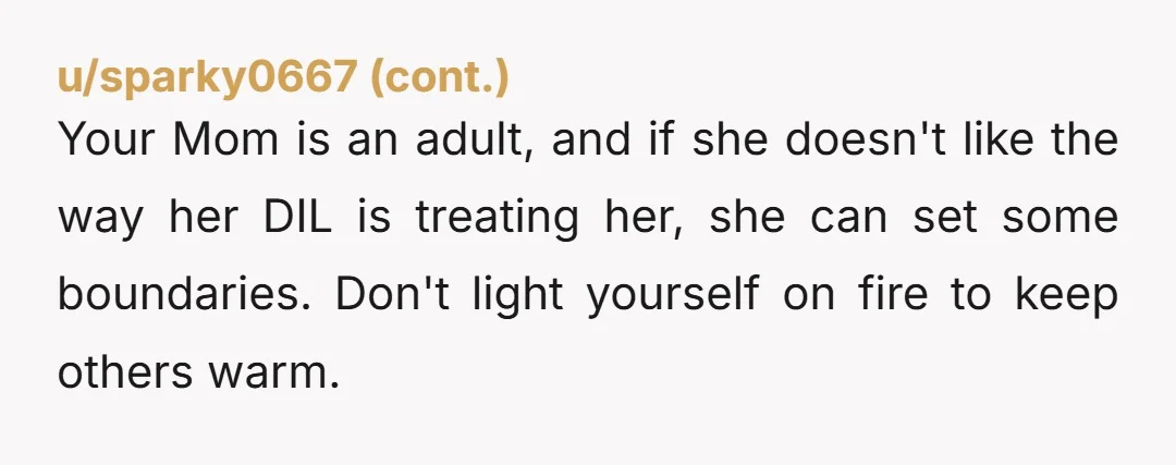 u/xblondyobrowny NTJ she chose her life and how it was going to play out. I get the sense that she’ll treat you the same as her daughter in law is...