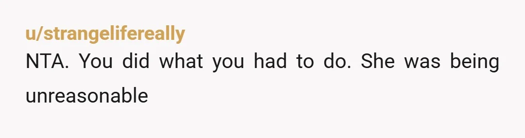 u/strangelifereally
NTA. You did what you had to do. She was being unreasonable