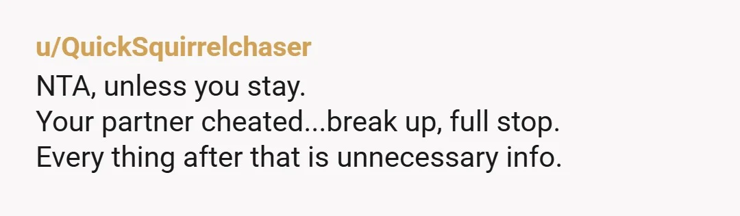 u/QuickSquirrelchaser NTA, unless you stay. Your partner cheated...break up, full stop. Every thing after that is unnecessary info.