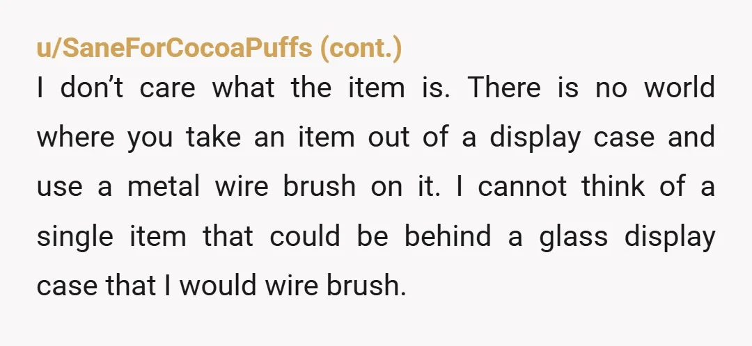 u/bioaccumulation999 NTA. wasn’t in the kitchen, no reason ever to use a rough WIRE sponge on RAW CLAY. That is unhinged. I am assuming it was in a fancy glass...