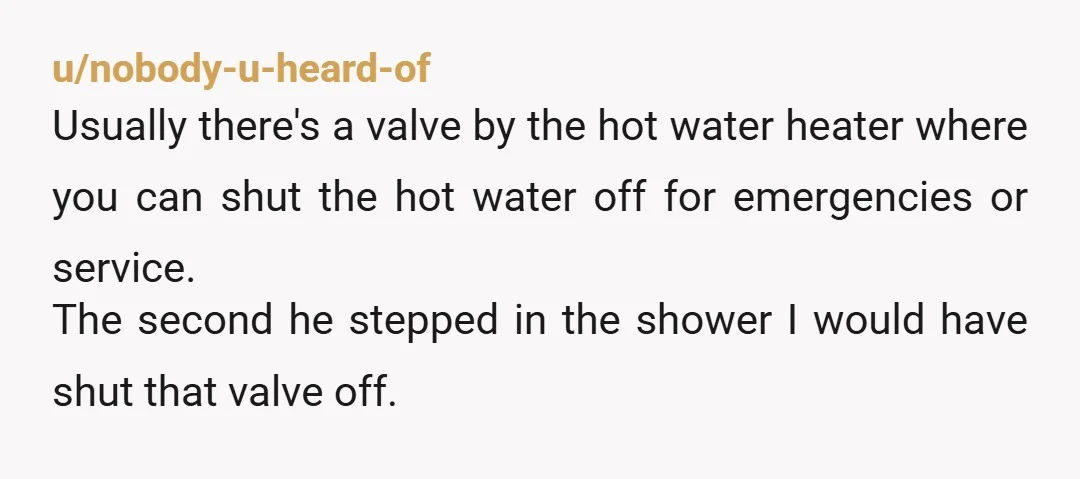 u/nobody-u-heard-of Usually there's a valve by the hot water heater where you can shut the hot water off for emergencies or service. The second he stepped in the shower I...