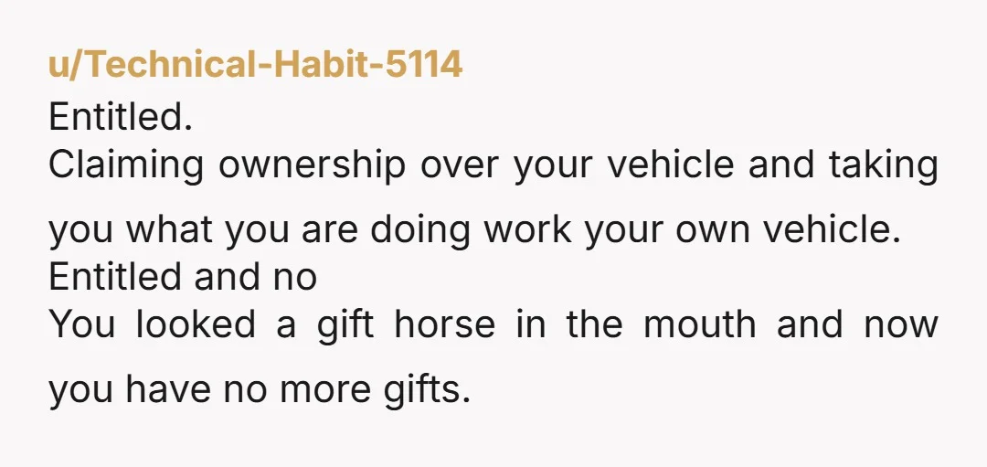 u/Technical-Habit-5114 Entitled. Claiming ownership over your vehicle and taking you what you are doing work your own vehicle.  Entitled and no You looked a gift horse in the mouth and...