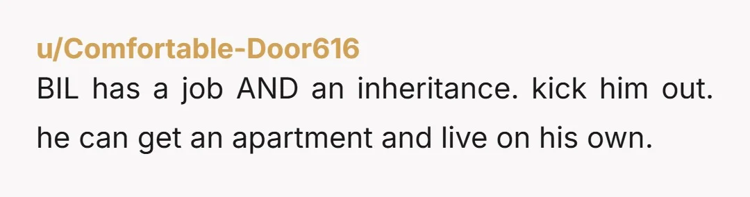 u/Comfortable-Door616 BIL has a job AND an inheritance. kick him out. he can get an apartment and live on his own.