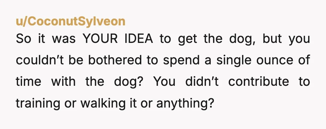 u/CoconutSylveon So it was YOUR IDEA to get the dog, but you couldn’t be bothered to spend a single ounce of time with the dog? You didn’t contribute to training...