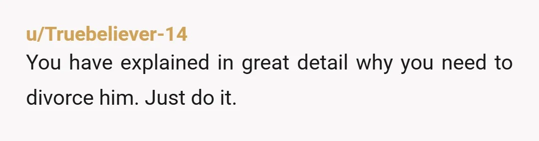 u/Truebeliever-14
You have explained in great detail why you need to divorce him. Just do it.