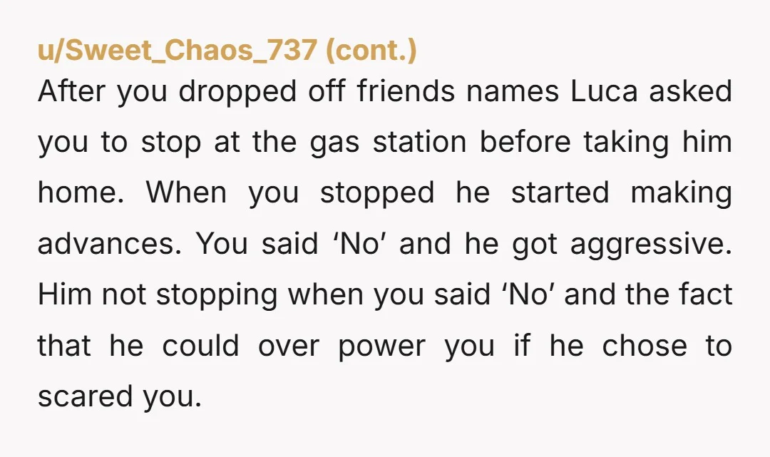 u/Endless63 NTA. But you really need to tell her very very quickly about her rapey SA little fiance. You will crash and burn a friendship because he will steal the...