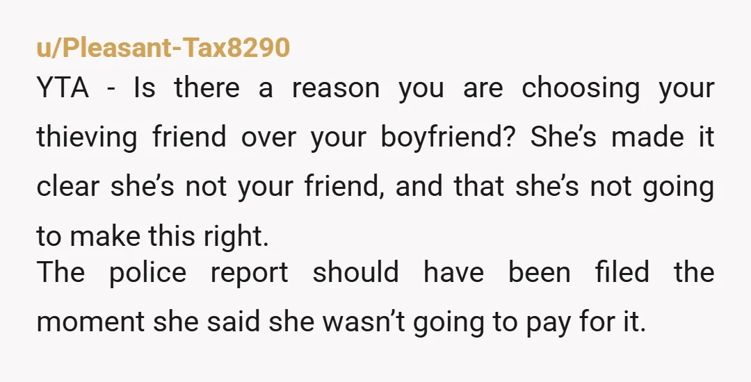 u/Pleasant-Tax8290 YTA - Is there a reason you are choosing your thieving friend over your boyfriend? She’s made it clear she’s not your friend, and that she’s not going to...
