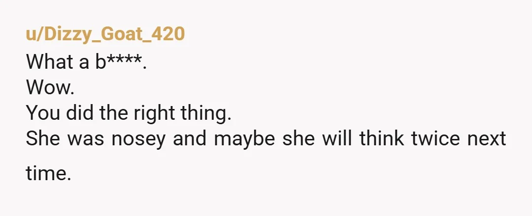 u/Dizzy_Goat_420 What a b****. Wow. You did the right thing. She was nosey and maybe she will think twice next time.