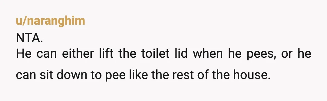 u/Fioreborn NTA He's disgusting and selfish. If you live in a predominantly female household, lift the seat. ETA Obviously clean up after yourself. I figured that was a given because...