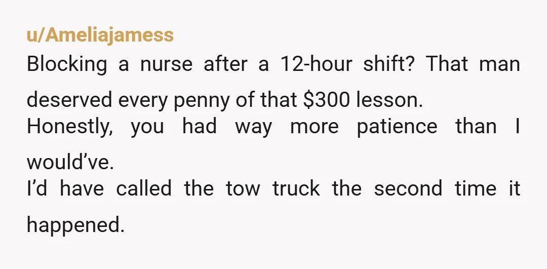 u/Ameliajamess Blocking a nurse after a 12-hour shift? That man deserved every penny of that $300 lesson. Honestly, you had way more patience than I would’ve. I’d have called the...