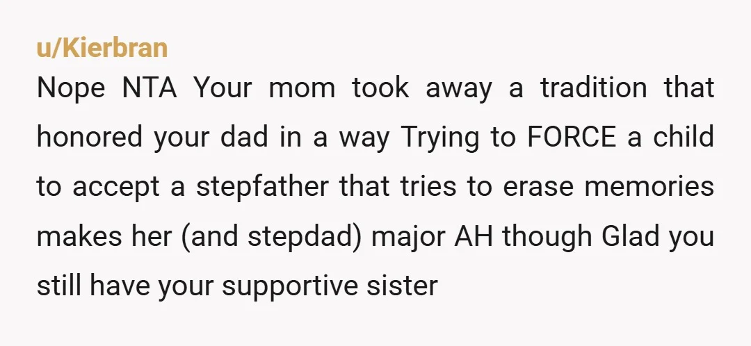 u/Doc-007 This is so bizarre how parents behave when they lose a spouse. It's understandable that she wants to move on. It's not ok to force her choices on her...