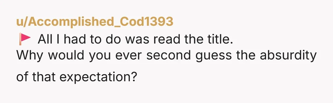 u/Accomplished_Cod1393  🚩 All I had to do was read the title. Why would you ever second guess the absurdity of that expectation? 