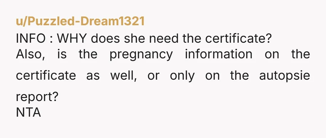 u/Puzzled-Dream1321
INFO : WHY does she need the certificate?
Also, is the pregnancy information on the certificate as well, or only on the autopsie report?
NTA