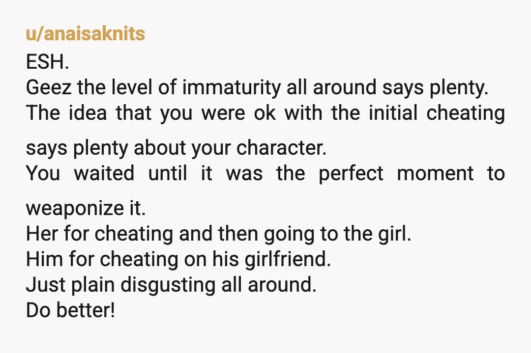 u/anaisaknits ESH. Geez the level of immaturity all around says plenty. The idea that you were ok with the initial cheating says plenty about your character. You waited until it...