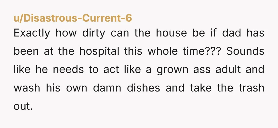 u/Disastrous-Current-6 Exactly how dirty can the house be if dad has been at the hospital this whole time??? Sounds like he needs to act like a grown ass adult and...