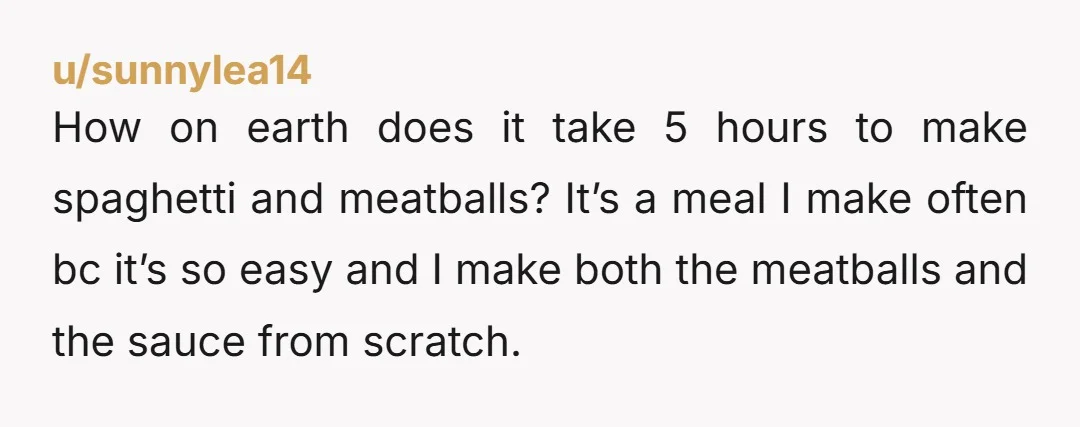 u/sunnylea14 How on earth does it take 5 hours to make spaghetti and meatballs? It’s a meal I make often bc it’s so easy and I make both the meatballs...