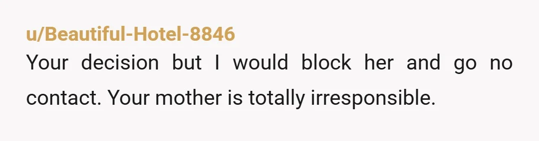 u/Beautiful-Hotel-8846
Your decision but I would block her and go no contact. Your mother is totally irresponsible.
