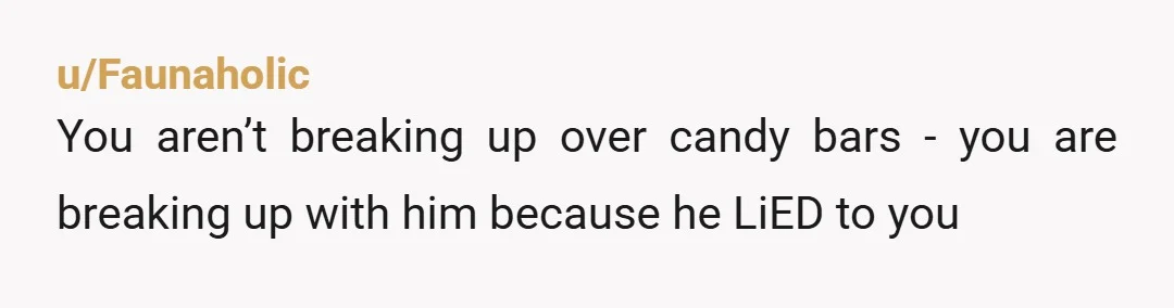 u/Faunaholic
You aren’t breaking up over candy bars - you are breaking up with him because he LiED to you