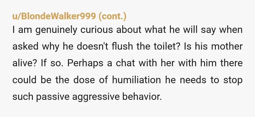 u/NightVisionsII So NTA! You could look into installing an auto sensor to flush the toilet for YOUR sanity, not his. This really sounds like a holdover from his toilet training...