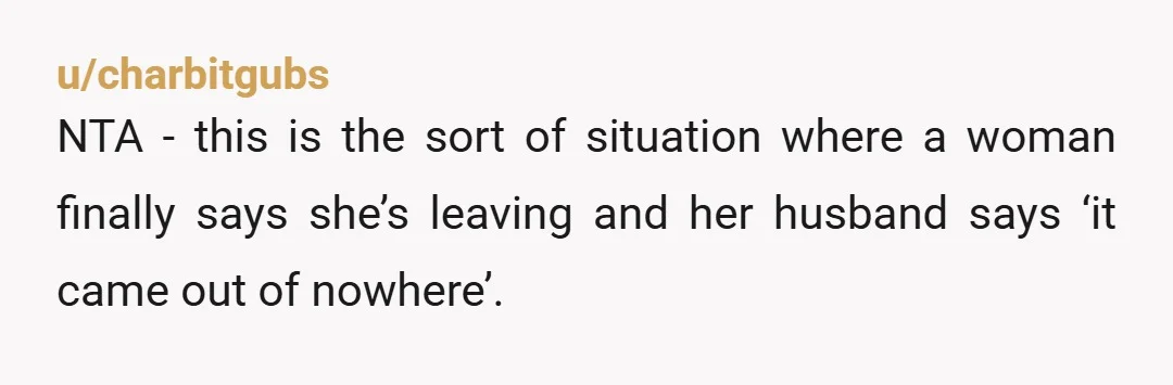 u/charbitgubs NTA - this is the sort of situation where a woman finally says she’s leaving and her husband says ‘it came out of nowhere’. Please talk to him to...