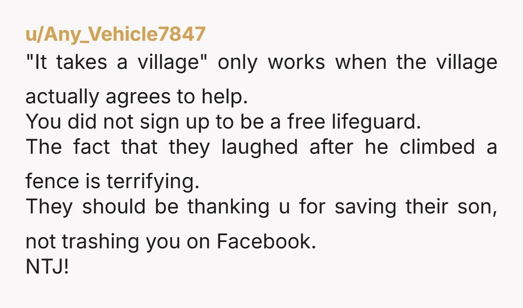 u/Any_Vehicle7847 "It takes a village" only works when the village actually agrees to help. You did not sign up to be a free lifeguard. The fact that they laughed after...