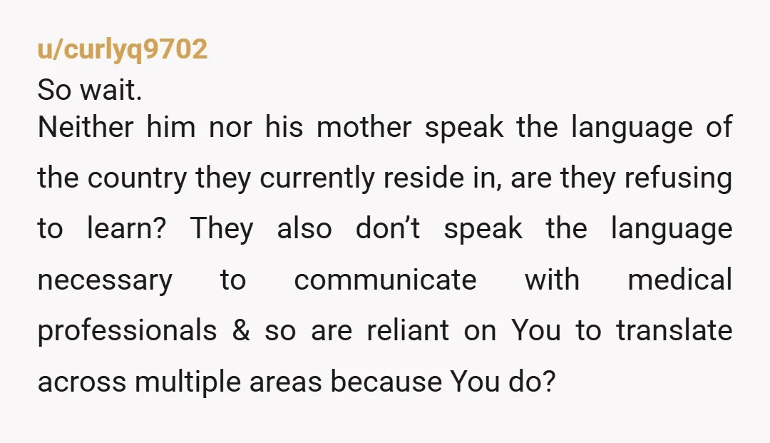 u/curlyq9702 So wait. Neither him nor his mother speak the language of the country they currently reside in, are they refusing to learn? They also don’t speak the language necessary...