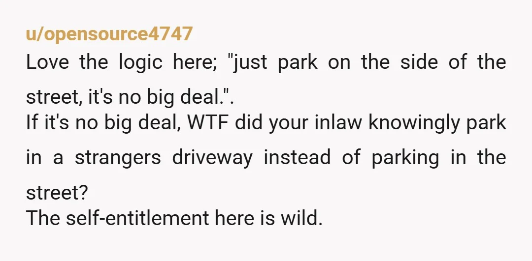 u/opensource4747 Love the logic here; "just park on the side of the street, it's no big deal.". If it's no big deal, WTF did your inlaw knowingly park in a...