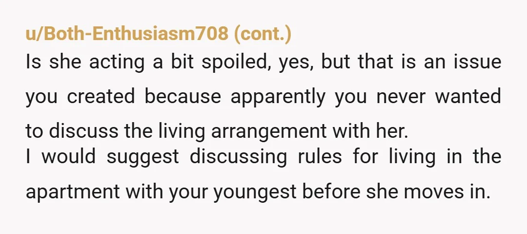 u/brit83mem NTA. She got to live there for years rent free, now it’s your other daughter’s turn. That’s the opposite of favoritism.
