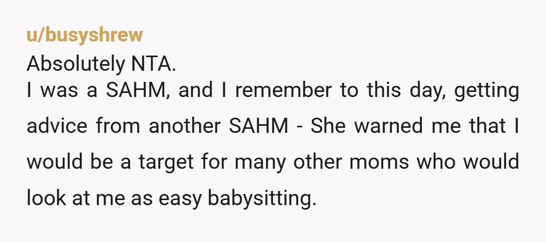 u/busyshrew Absolutely NTA. I was a SAHM, and I remember to this day, getting advice from another SAHM - She warned me that I would be a target for many...